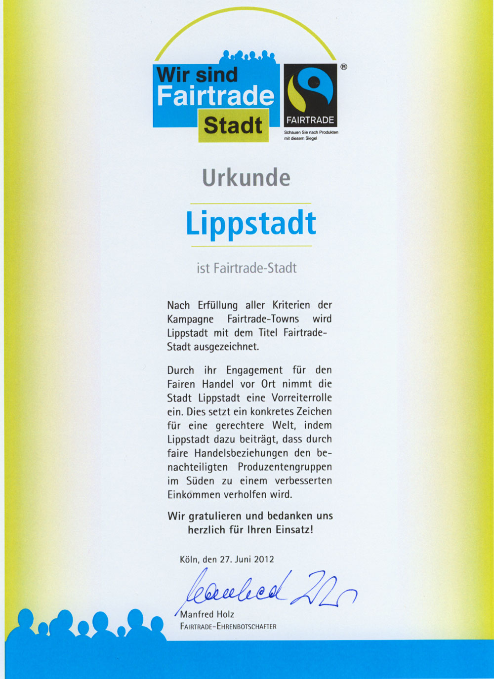 Urkunde Fairtrade Town Lippstadt 2012