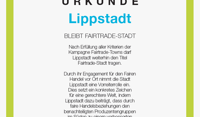 Fairtrade Town Lippstadt Urkunde 2014